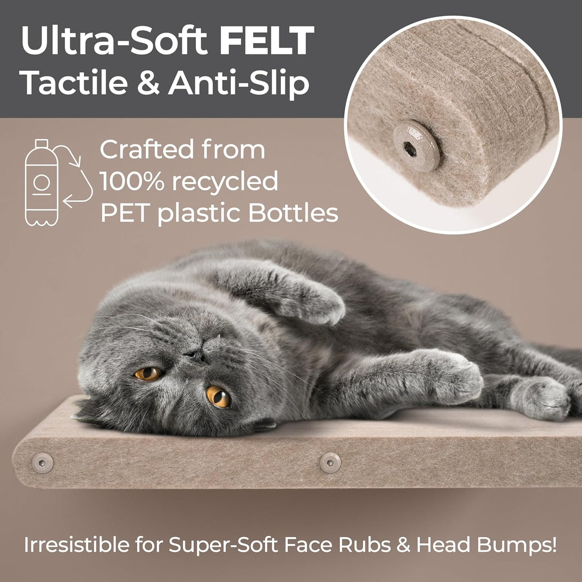 Wall Mounted Cat Perch Long Shelf by Pryde Pets - Floating Hammock Bed, 100% Sustainable PET Felt