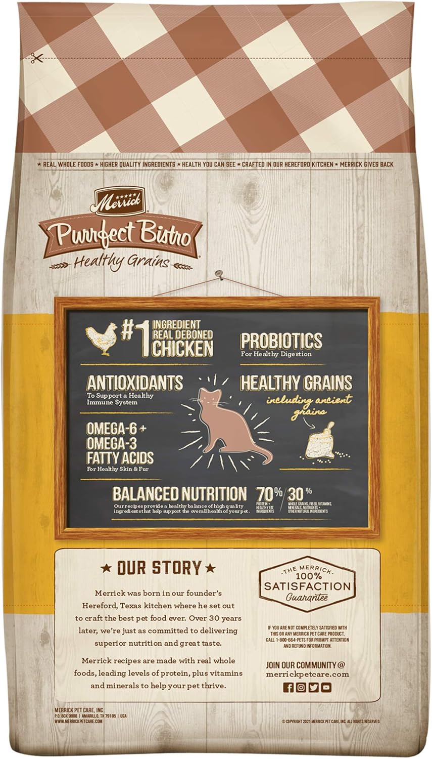Merrick Purrfect Bistro Premium Healthy Grains Dry Cat Food For Adult Cats, Real Chicken And Brown