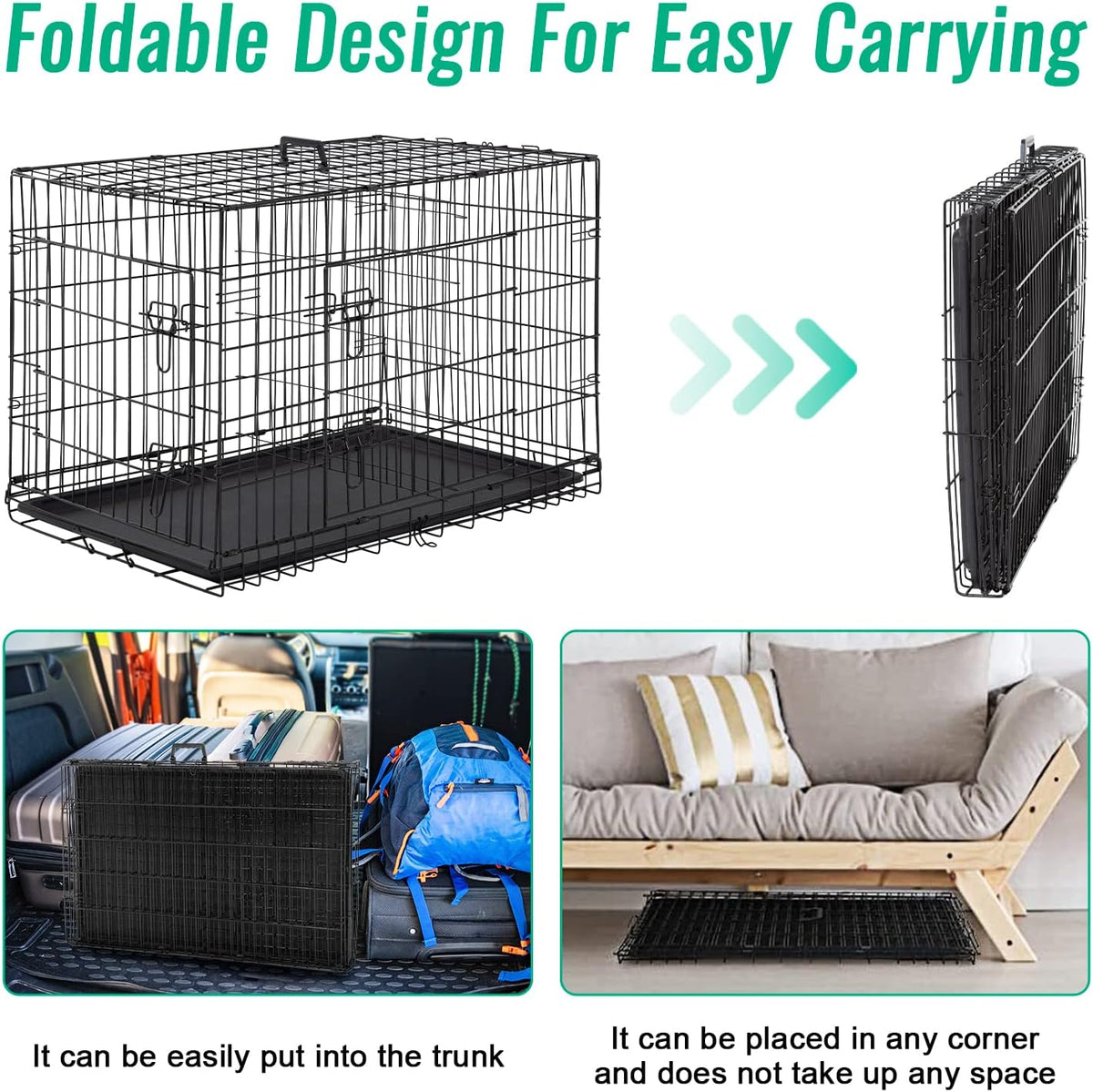FDW Dog Crate for Large Dogs 42 Inch Folding Metal WirePet Cage Double Door W/Divider Panel Indoor