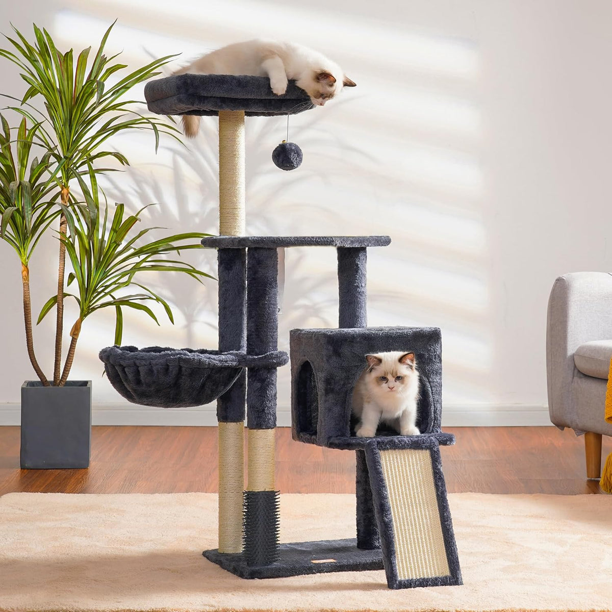 Heybly Cat Tree with Cat Self Groomer Brush, Cat Tower Condo for Indoor Cats with Padded Plush