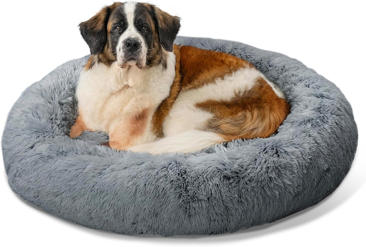 Best Friends by Sheri Original Calming Donut Dog and Cat Bed, Shag Faux Fur, Gray, XL (45in x 45in)