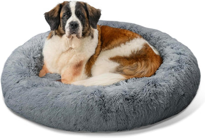 Best Friends by Sheri Original Calming Donut Dog and Cat Bed, Shag Faux Fur, Gray, XL (45in x 45in)