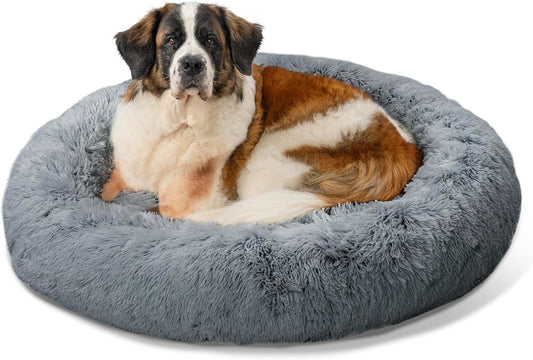 Best Friends by Sheri Original Calming Donut Dog and Cat Bed, Shag Faux Fur, Gray, XL (45in x 45in)