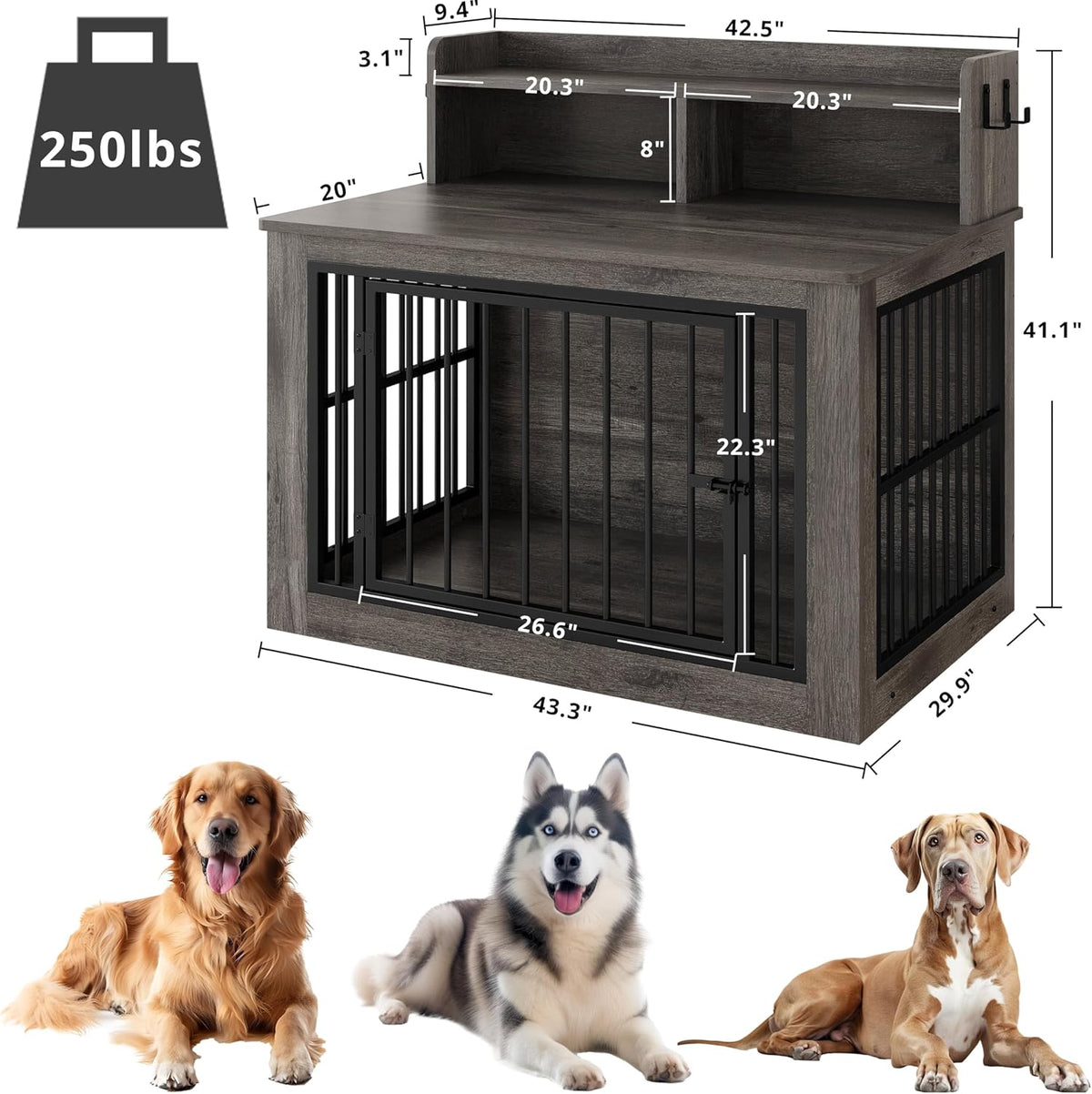 IRONCK Extra Large Dog Crate Furniture, 43.3 inches Wooden Dog Crate with Storage and 4 Hooks