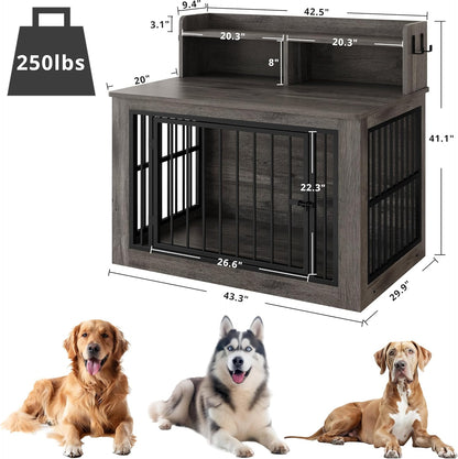 IRONCK Extra Large Dog Crate Furniture, 43.3 inches Wooden Dog Crate with Storage and 4 Hooks