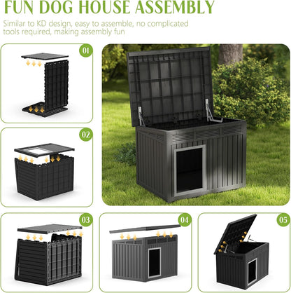 Dog House Indoor Outdoor,Resin Waterproof Puppy Shelter with Air Vents and Elevated Floor,Air Rod