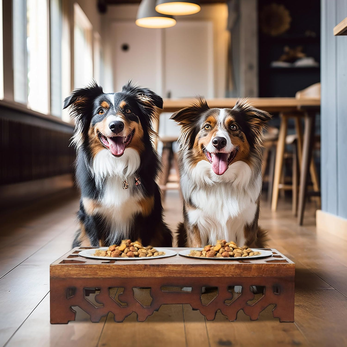 Elevated Pet Feeder for Dogs and Cats - Hand Carved Wood Bones Raised Dog Bowl Stand - Pet Feeding