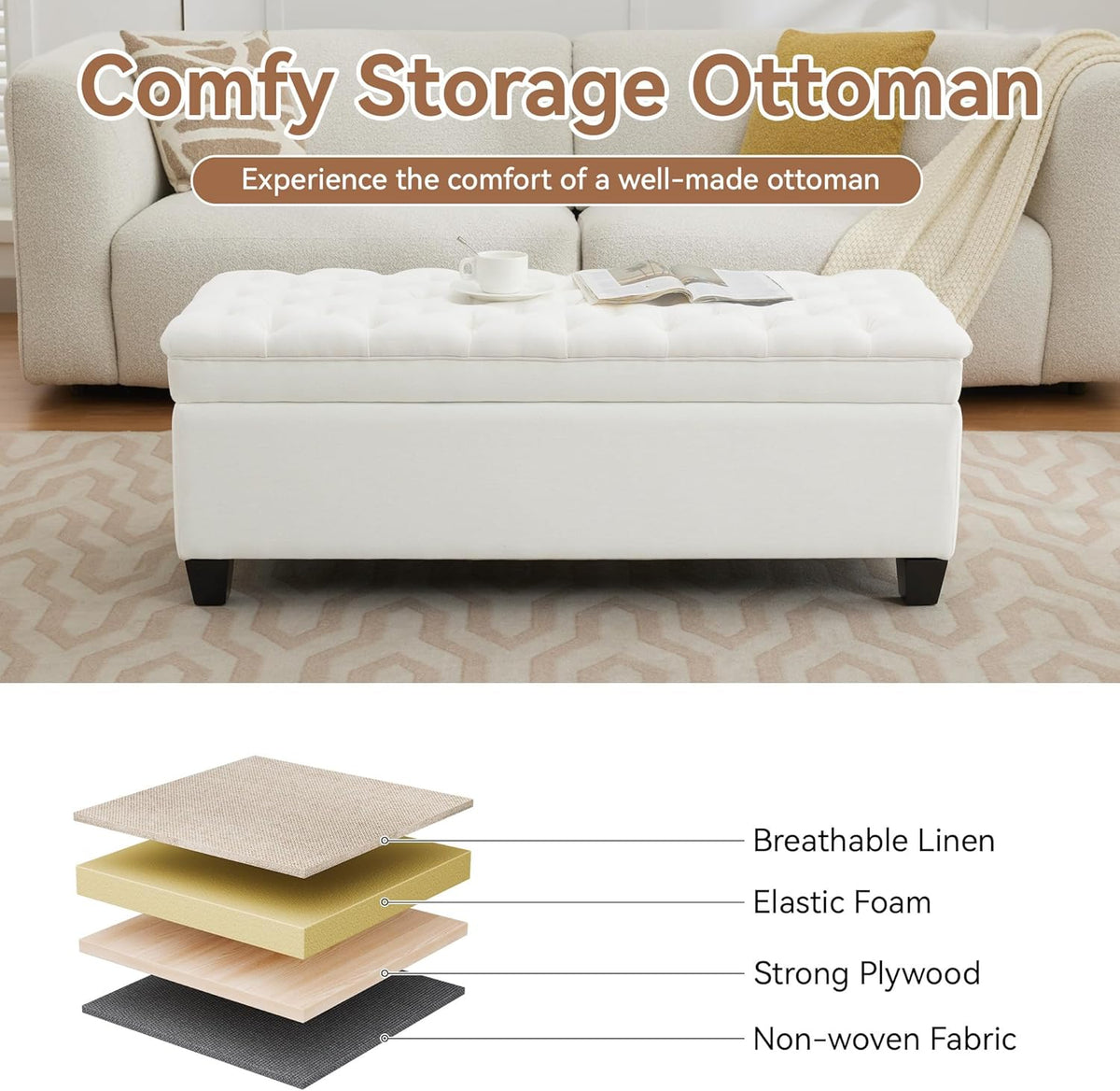 51" Fabric Storage Ottoman Bench, Upholstered Rectangle End of Bed Storage Ottoman Tufted Living