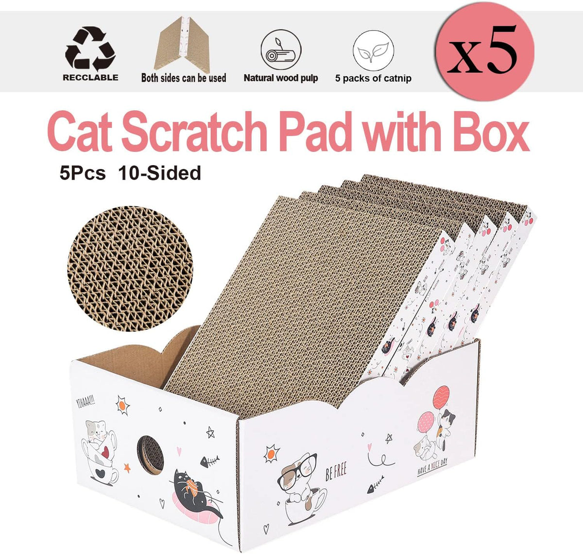 5 Packs in 1 Cat Scratch Pad with Box, Cat Scratcher Cardboard,Reversible,Durable Recyclable