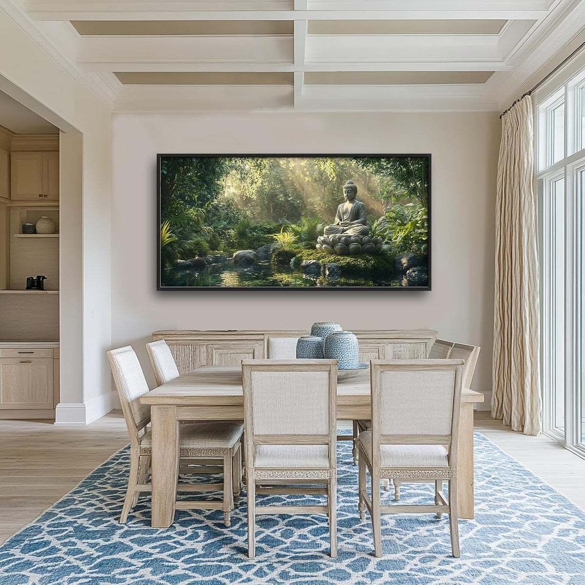 Large Buddha Forest Wall Art for Living Room, Framed Oversized Tree Lake Wall Decor, Nature