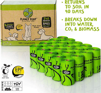 PLANET POOP Home Compostable Dog Poop Bags Extra-long with Handles 240 Un-Scented Pet Waste Bags