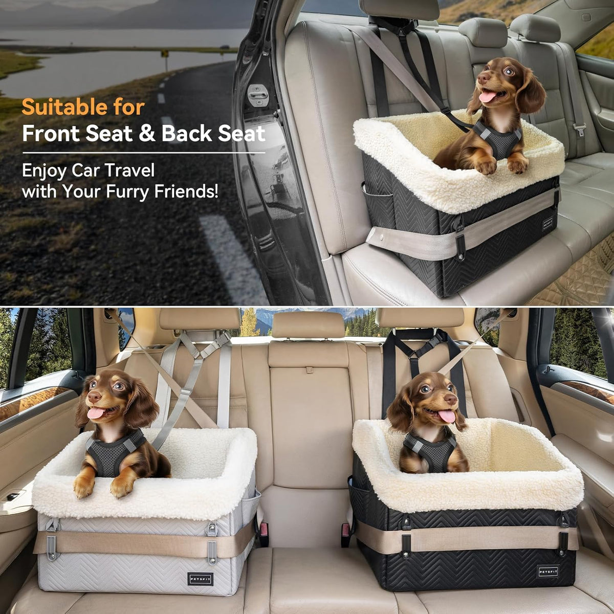 PETSFIT Small Dog Car Seat, Waterproof PU Leather Dog Booster Car Seat with Patented Safe Buckles