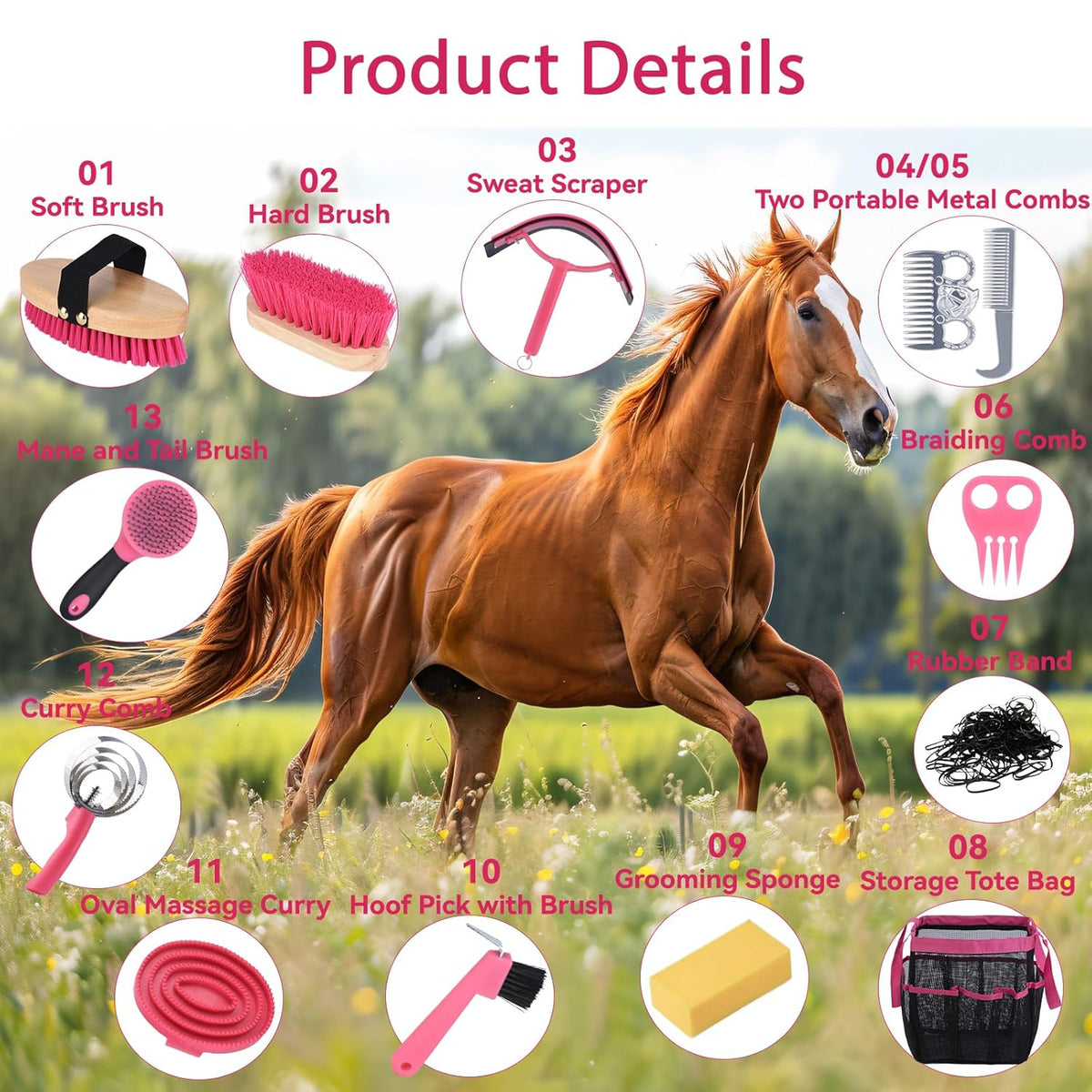 Horse Grooming Kit 13 Piece, Horse Brushes for Grooming Supplies with Tote Bag, Horses Tack Brush
