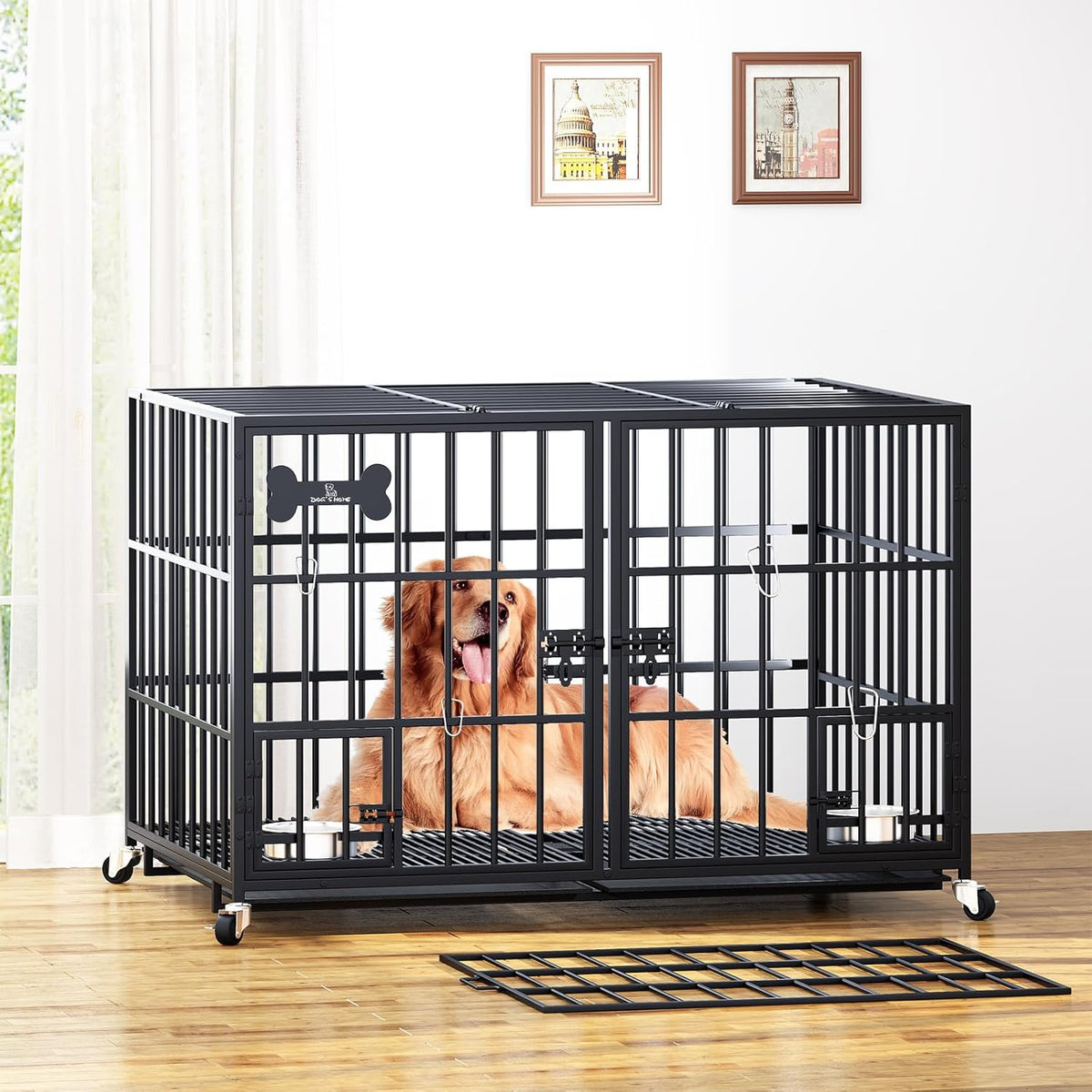 aboxoo 42/48 inch Heavy Duty Metal Dog Crate for 2 Dogs/Large Dog,All Metal Open Top Stackable,Dog
