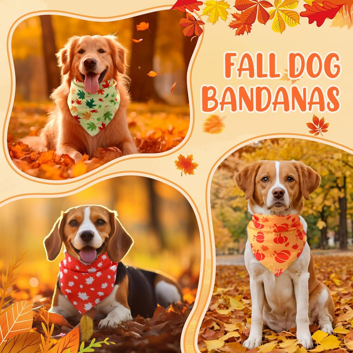 Weewooday 50 Pcs Fall Dog Bandanas Bulk Pumpkin Maple Leaves Thanksgiving Autumn Bandanas for Bibs