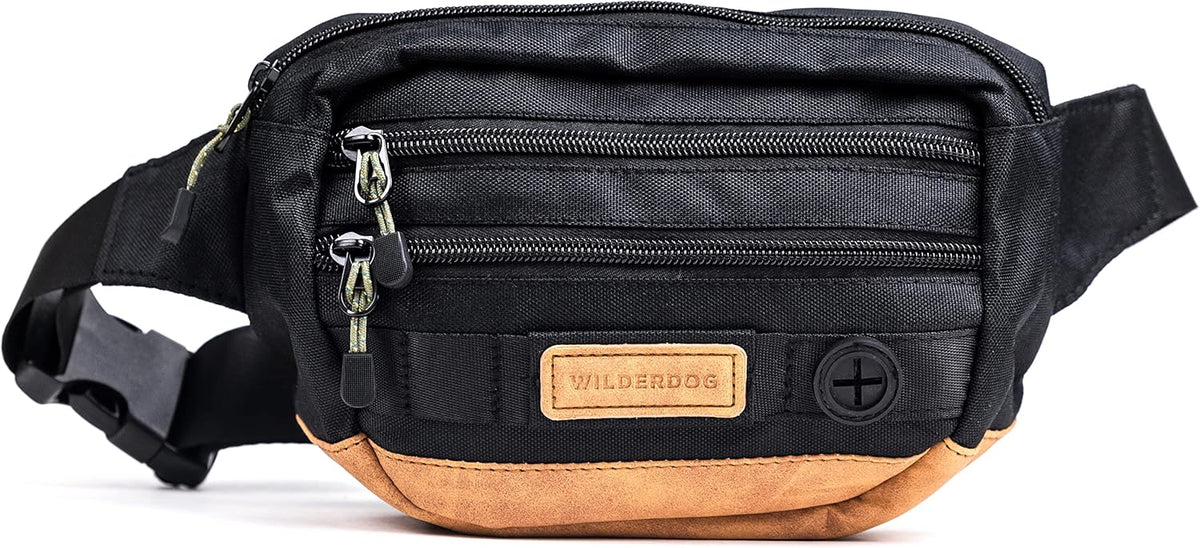 Wilderdog Utility Fanny Pack stores Treats, Balls, Keys in 3 Pockets with adjustable strap and Poop