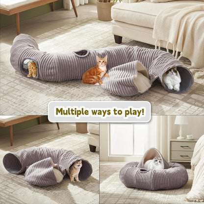 Large Cat Tunnel Bed for Indoor Cats,Cat Donut Tunnel Toy with Washable Circle Cushion,Blackout