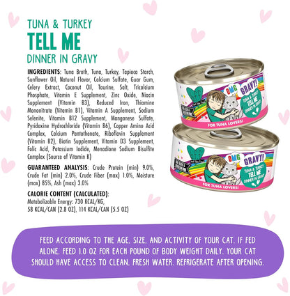Weruva B.F.F. OMG - Best Feline Friend Oh My Gravy!, Tuna & Turkey Tell Me with Tuna & Turkey