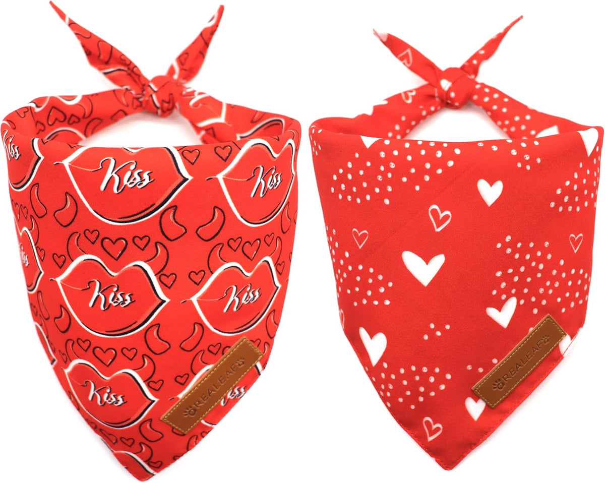 Realeaf Valentine's Day Dog Bandanas 2 Pack, Reversible Heart Dog Scarf for Boy and Girl, Premium