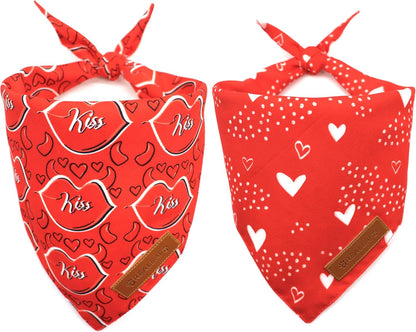 Realeaf Valentine's Day Dog Bandanas 2 Pack, Reversible Heart Dog Scarf for Boy and Girl, Premium