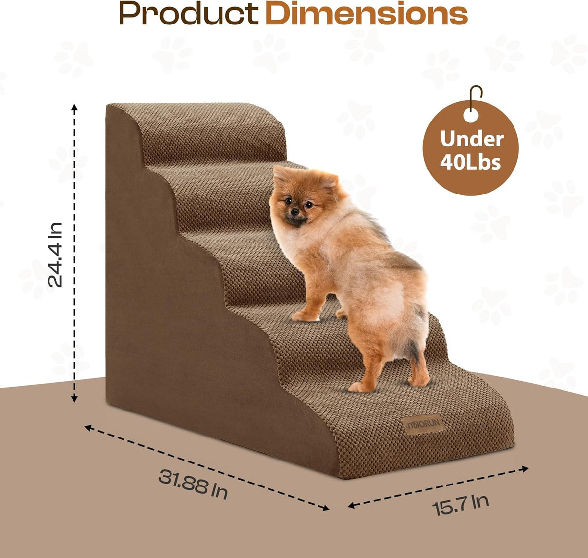 Dog Stairs for High Beds Up to 26-30", 5-Step Foam Pet Ramp with Washable Cover, Gentle Slope