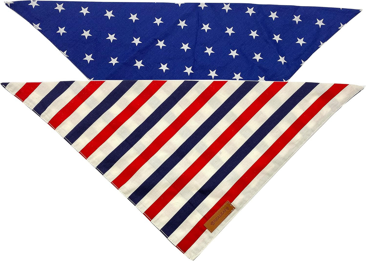 Realeaf 4th of July Dog Bandanas 2 Pack, Reversible American Flag Pet Scarf for Boy and Girl
