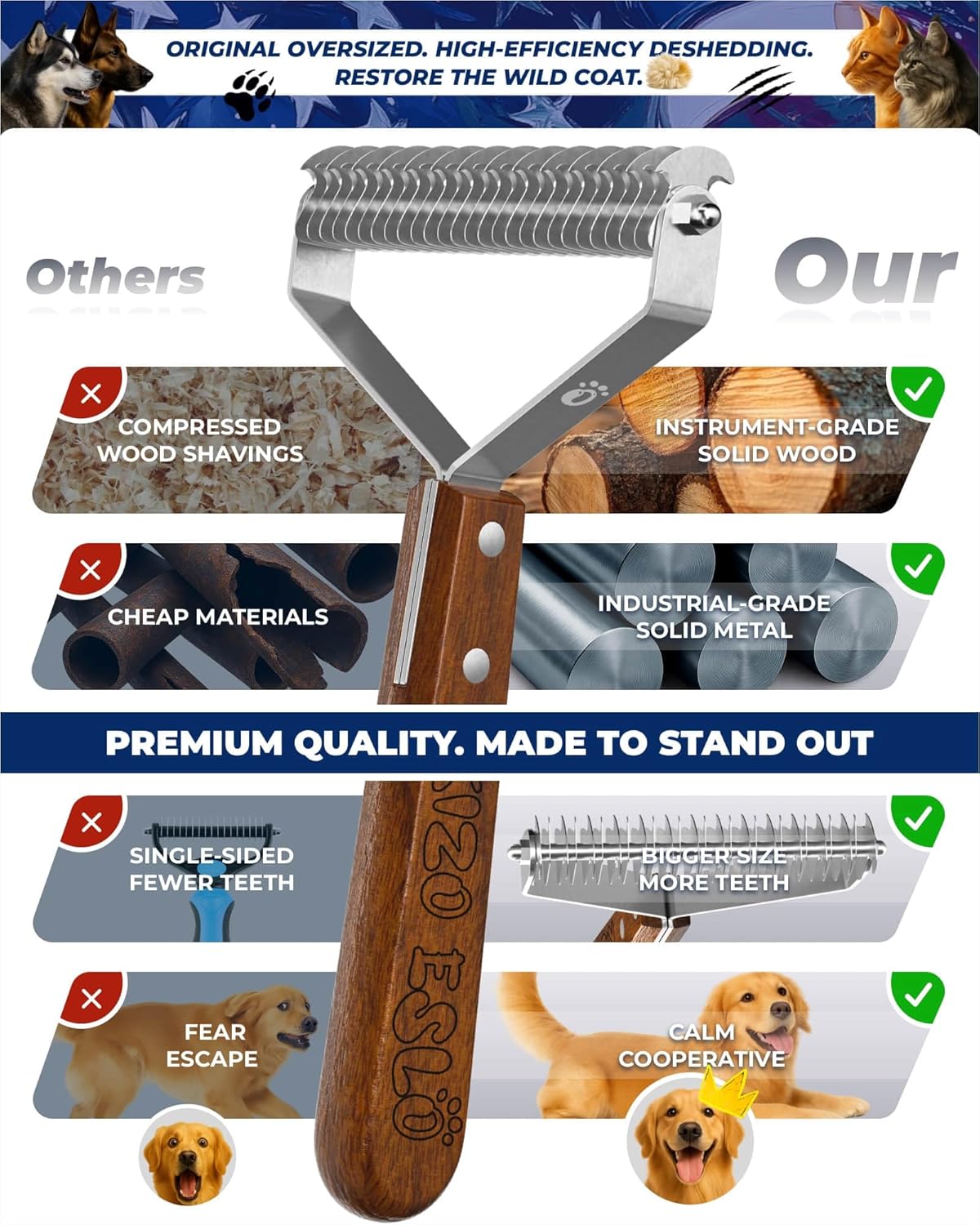 Extra Large 2-Sided Undercoat Rake for Dogs & Cats, Dog Brush for Shedding Remove Mats, Dematting