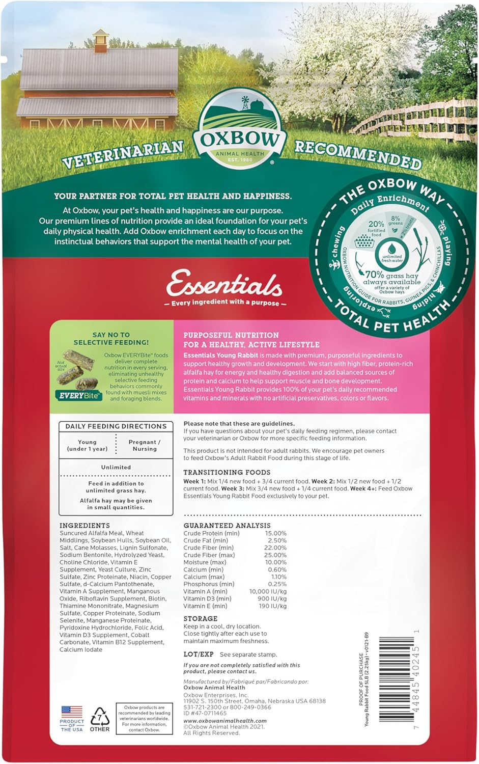 Oxbow Essentials Rabbit Food, Young Rabbit, Made with Oxbow Alfalfa Hay, Pet Food Pellets with