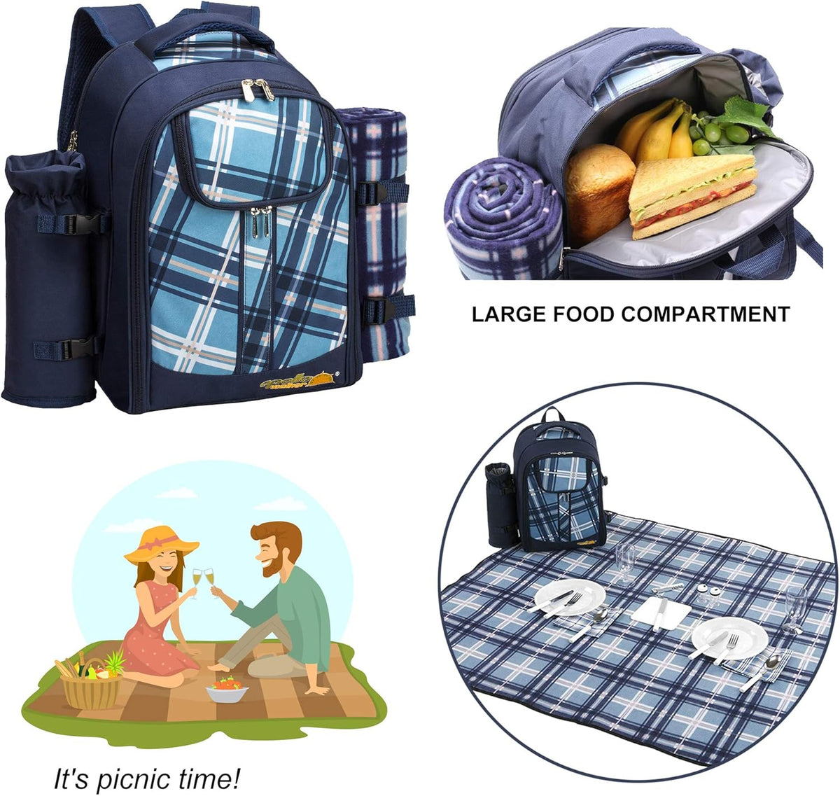 Apollo Walker Picnic Backpack Bag for 2 Person with Cooler Compartment, Detachable Bottle/Wine