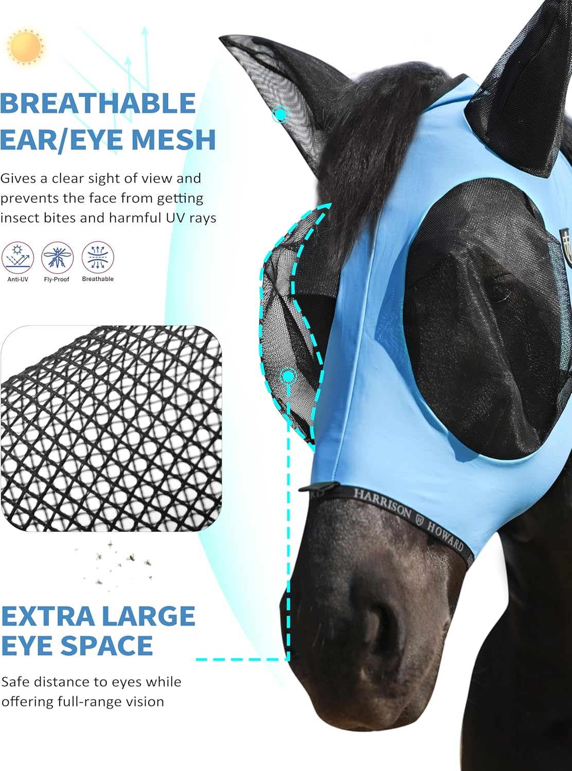 Harrison Howard Horse Fly Mask with Forelock Opening Stretch Breathable and Comfortable for Horses