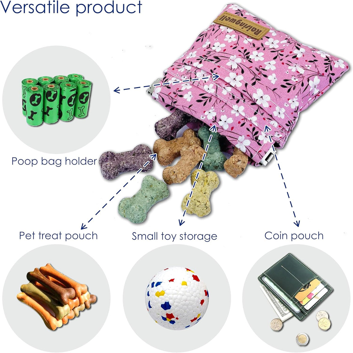 Dog Treat Pouch, Small Cotton Pocket Sized Training Holder, Hand Free Walking Fanny Bag with