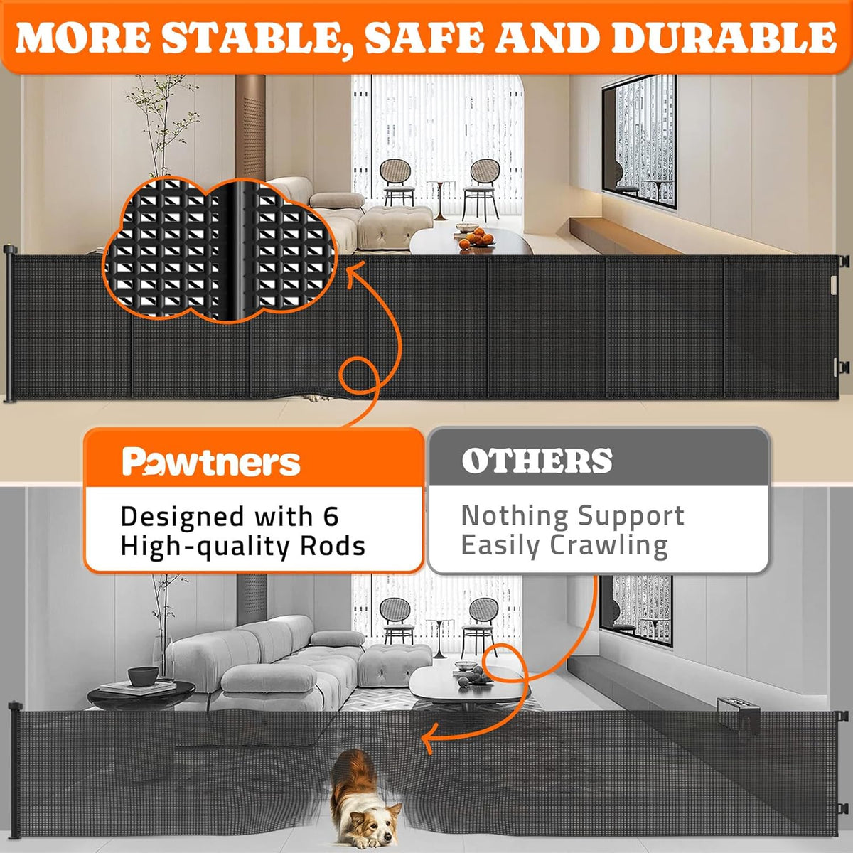 Pawtners Retractable Baby Gates Extra Wide, 41" Tall Extends up to 120" Wide, Dog Gate Indoor for