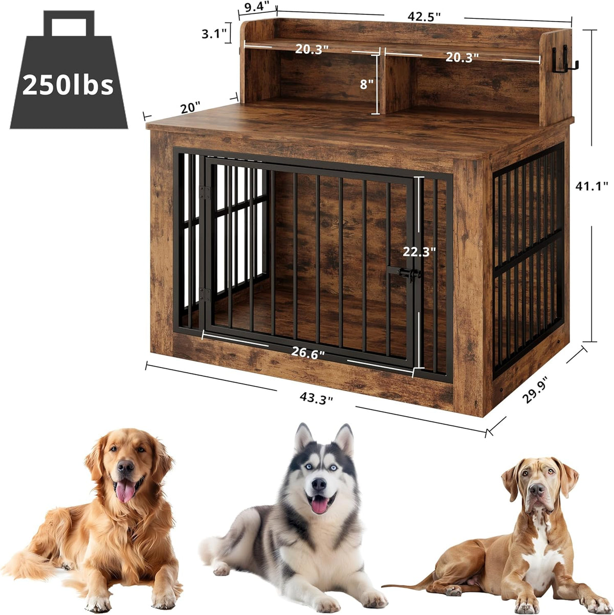 IRONCK Extra Large Dog Crate Furniture, 43.3 inches Wooden Dog Crate with Storage and 4 Hooks