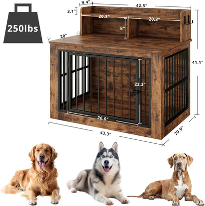 IRONCK Extra Large Dog Crate Furniture, 43.3 inches Wooden Dog Crate with Storage and 4 Hooks