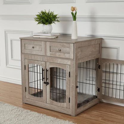 Dog Crate Furniture for Large Dogs, Wooden Dog Kennel Indoor with Double Doors, Dog Cage with