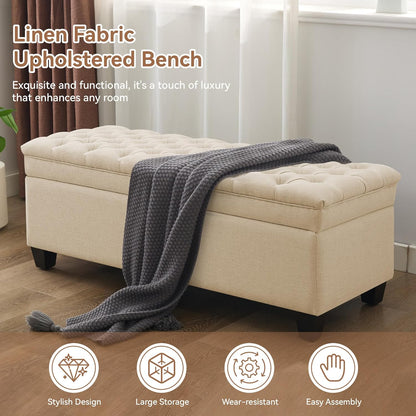 51" Fabric Storage Ottoman Bench, Upholstered Rectangle End of Bed Storage Ottoman Tufted Living