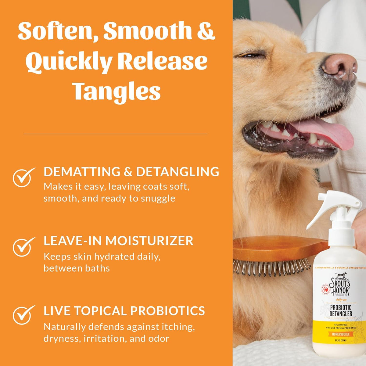 Skout's Honor Probiotic Pet Detangler Spray - Hydrating & Conditioning w/Avocado Oil, 97% Natural