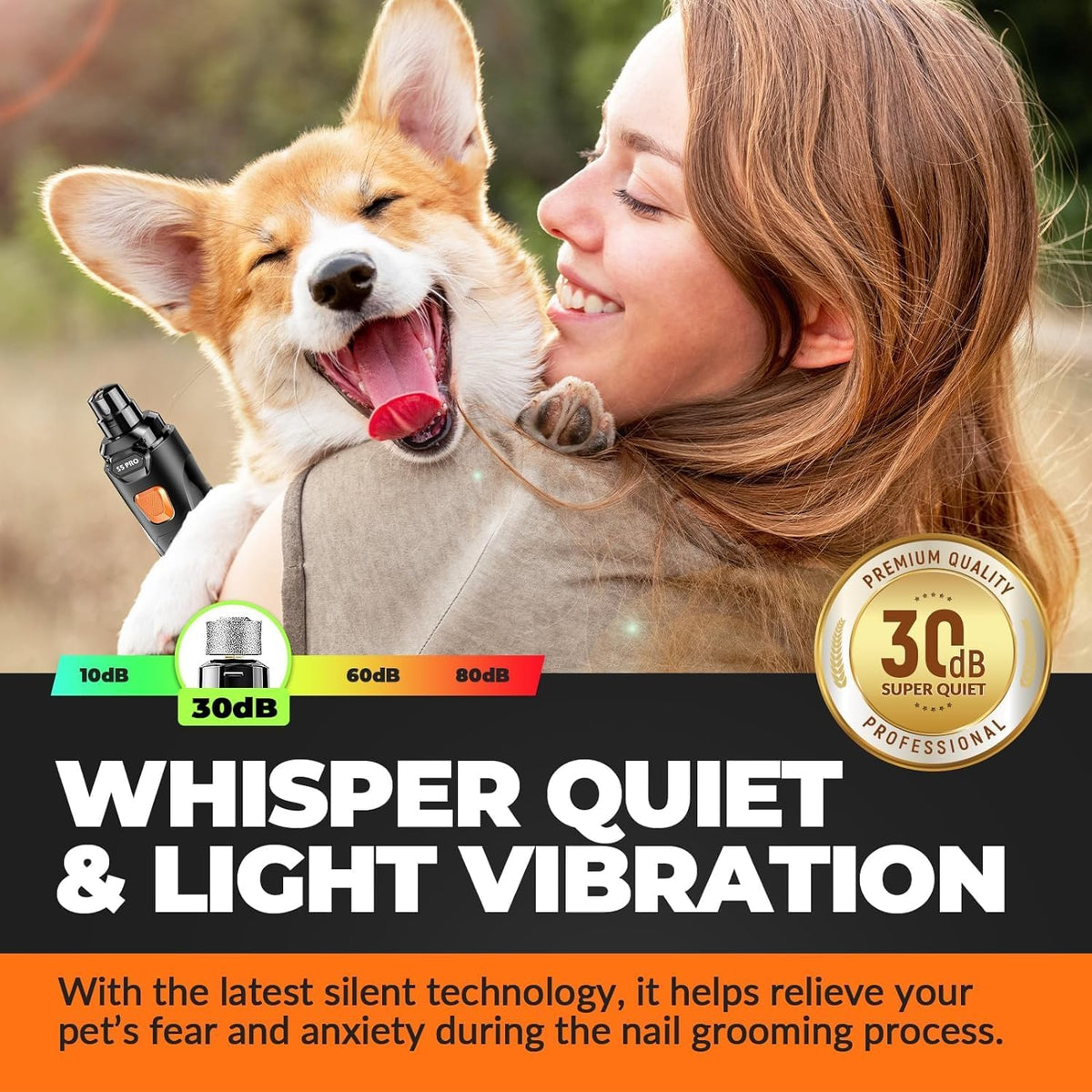 Dog Nail Grinder with 2 LED Lights Powerful 2 Speeds Super Quiet Dog Nail Trimmers with 3 Grinding