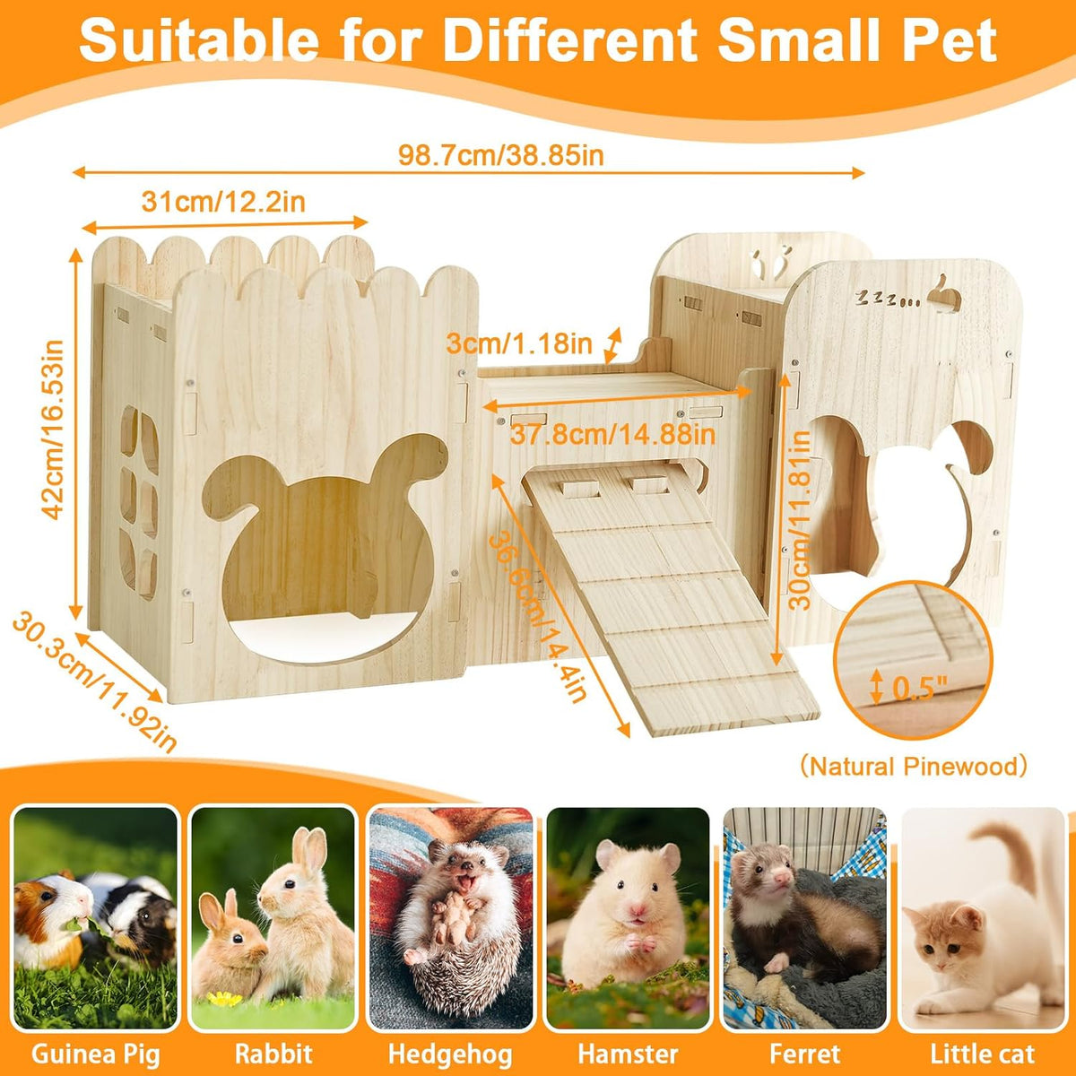 Natural Wooden Rabbit Castle House,Extra Large Hideout for Rabbit Guinea Pig Chinchilla