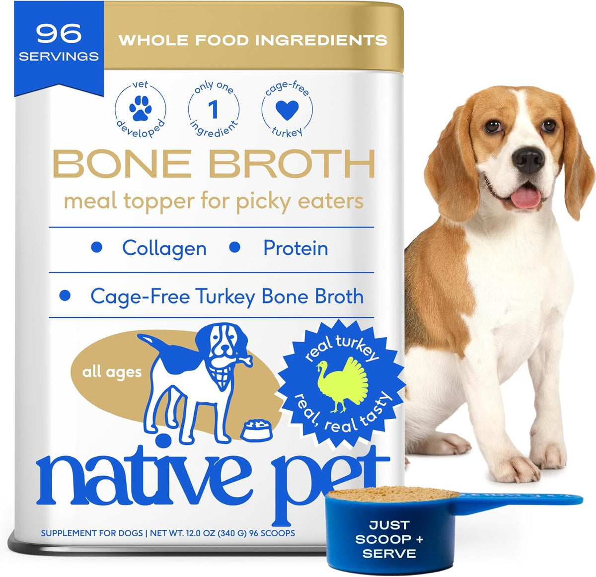 Native Pet Bone Broth for Dogs and Cats - Turkey Bone Broth Powder Dog Food Toppers for Picky