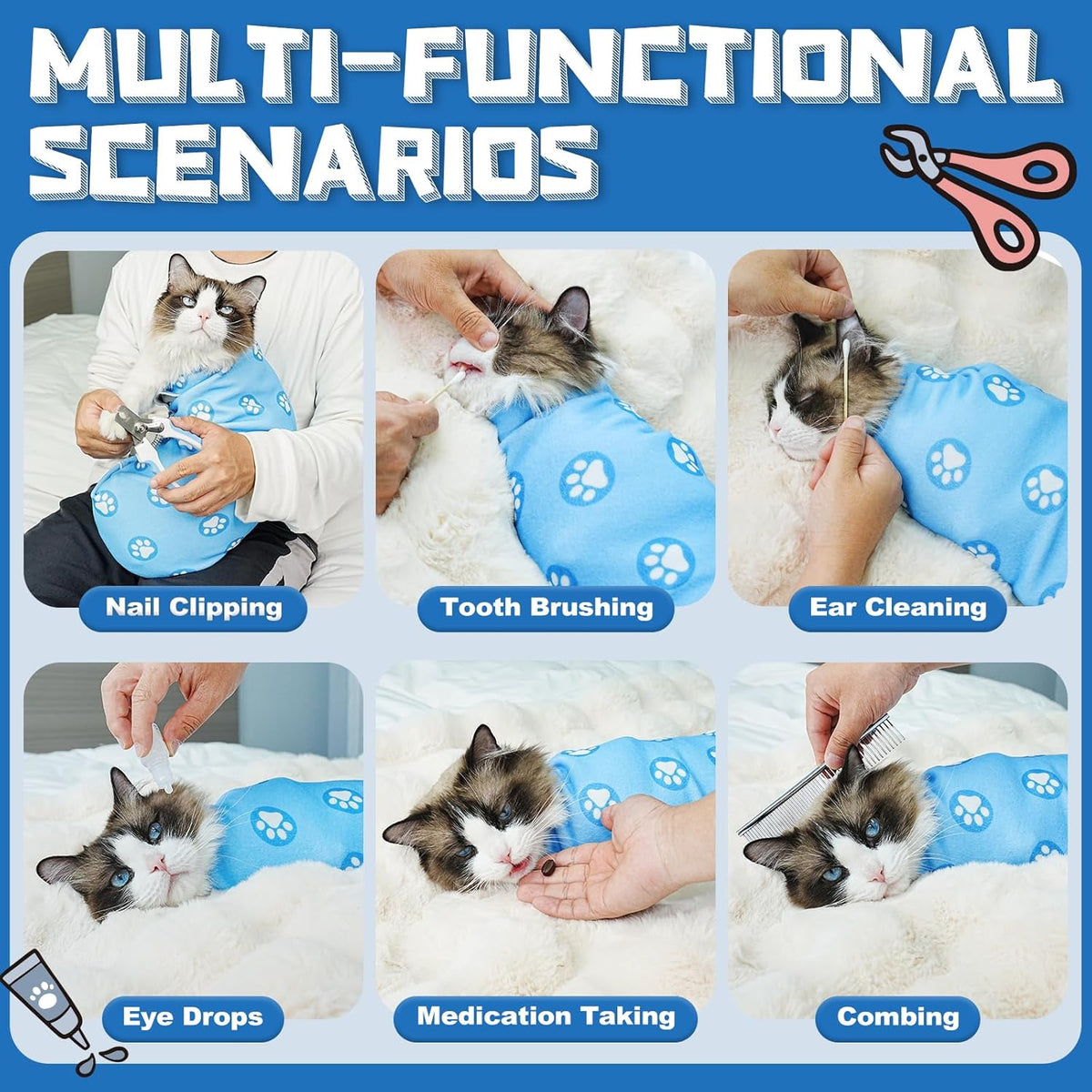 Supet Cat Wrap for Cutting Nails, Self-Adhesive Cat Grooming Wrap, Anti-Scratch Cat Wrap for