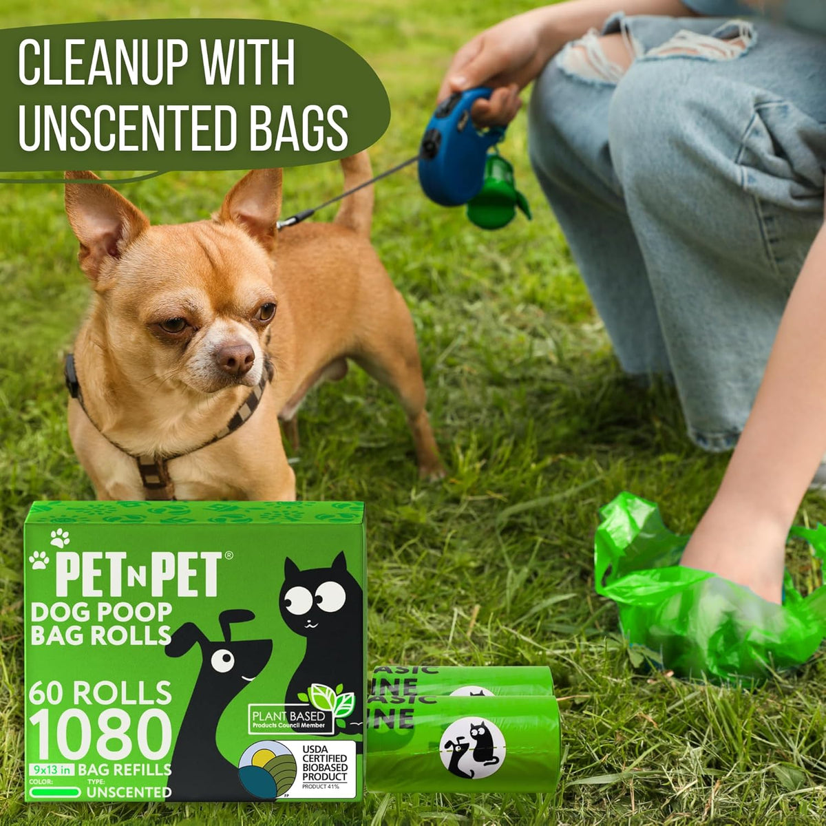 Pet N Pet 1080 Counts Green Poop Bags for Dogs, 41% Plant Based & 59% PE Extra Thick Dog Poop Bags
