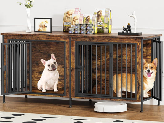 EasyCom 63" Dog Cage Furniture for 2 Pets with Divider, XL Wooden Double Dog Crate Furniture TV