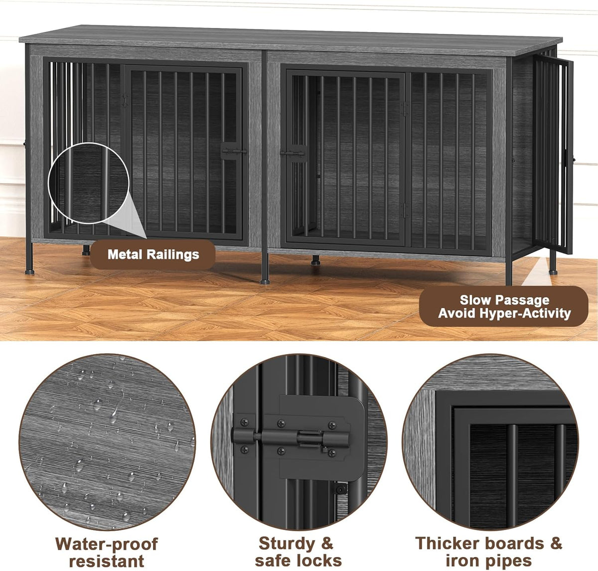 EasyCom 63" Dog Cage Furniture for 2 Pets with Divider, XL Wooden Double Dog Crate Furniture TV