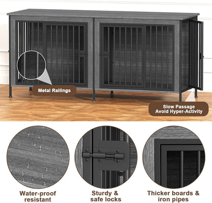 EasyCom 63" Dog Cage Furniture for 2 Pets with Divider, XL Wooden Double Dog Crate Furniture TV