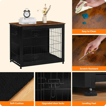 DWANTON Dog Crate Furniture with Cushion, Wooden Kennel Table with Double Doors, Indoor Dog House