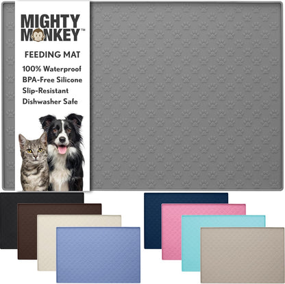 MIGHTY MONKEY 100% Waterproof Dog Food Mat, Raised Edges Silicone Pet Feeding Placemat for Cat