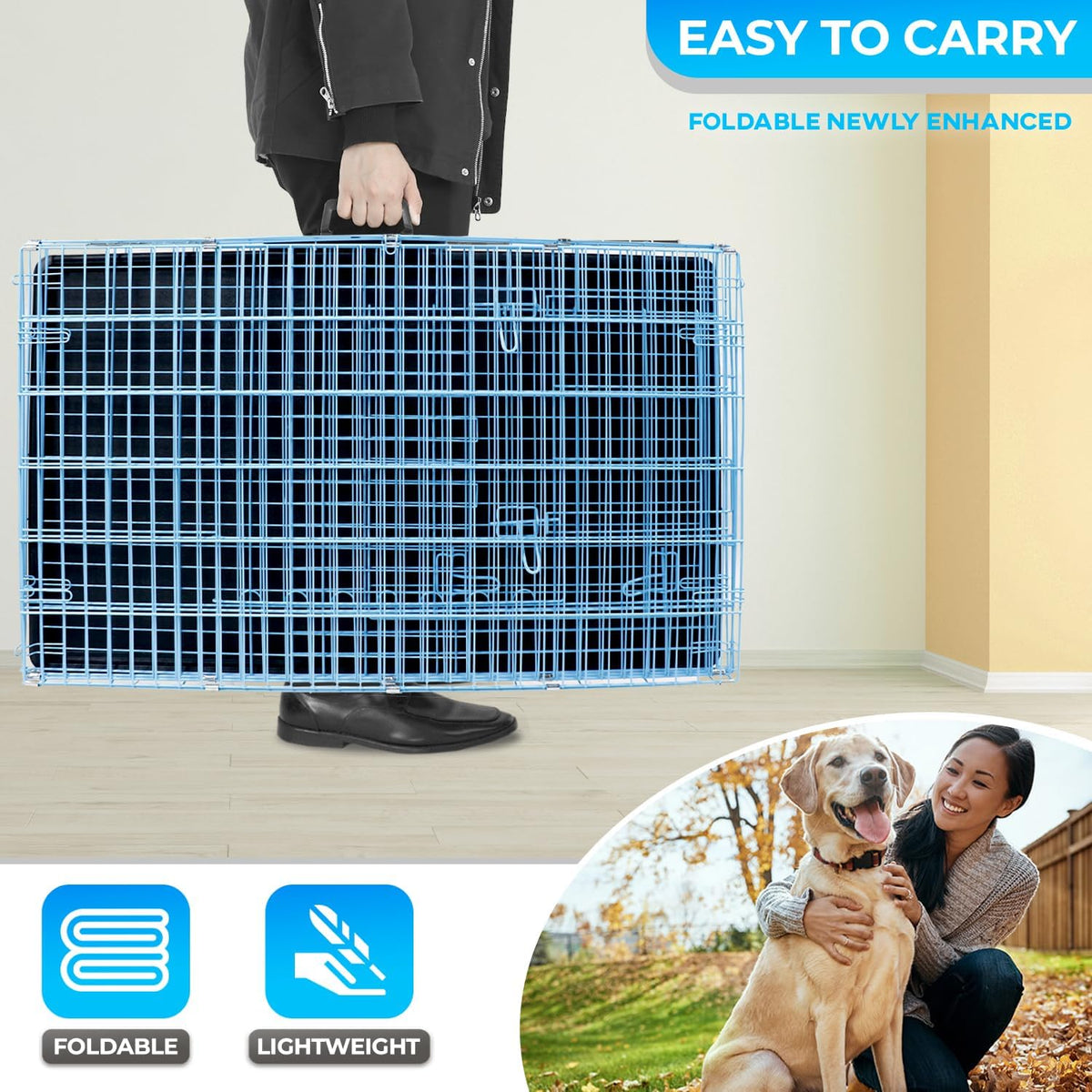 FDW Dog Crate for Large Dogs 42 Inch Folding Metal WirePet Cage Double Door W/Divider Panel Indoor