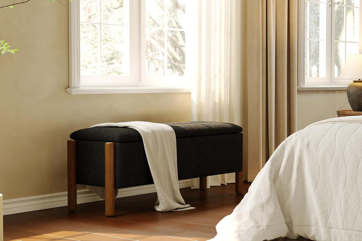 Modern Storage Benches with Walnut Wood Legs, 47'' Ottoman Bench with 20 Gallons Storage Space for