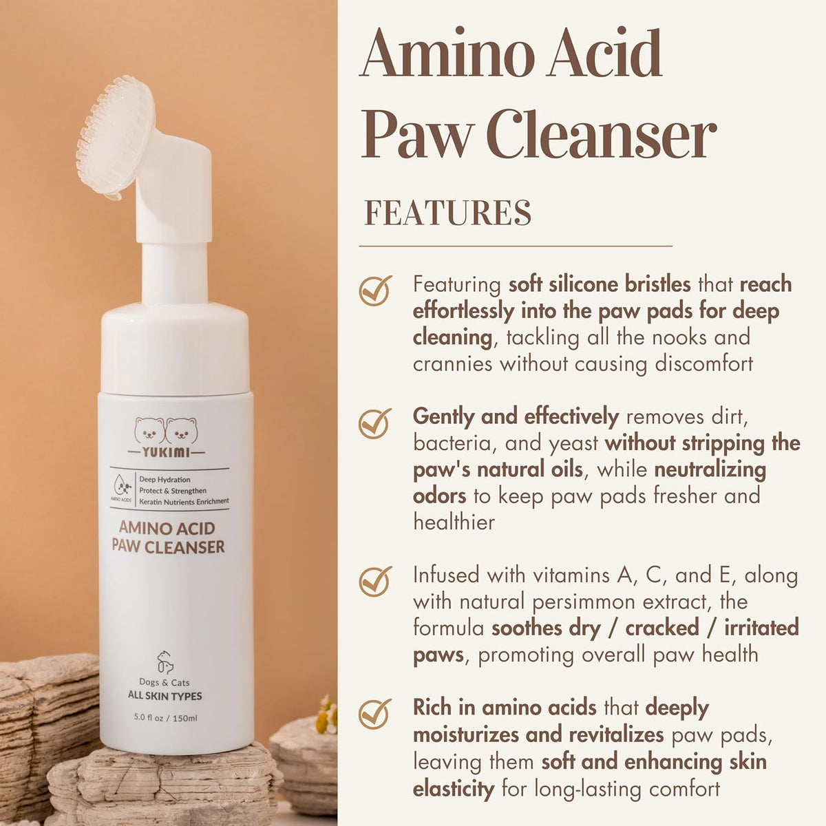 YUKIMI Premium Amino Acid Paw Cleanser with Silicone Bristle Brush for Dogs & Cats | Dermatologist